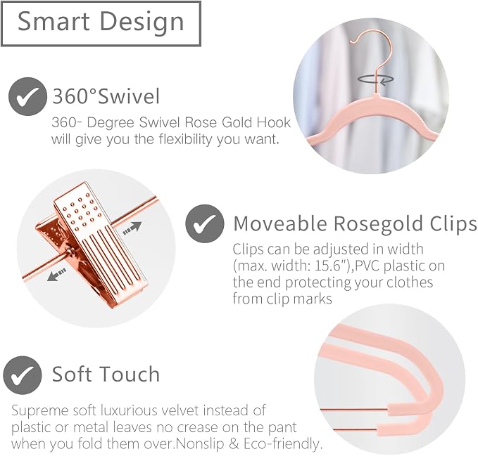 MIZGI Premium Velvet Pants Hangers with Clips (Pack of 30) Slim Skirt Hangers- Non Slip Felt Outfit Dress Hangers Blush Pink - Copper/Rose Gold Hooks,Space Saving Shirt Clothes Hangers - Image 3