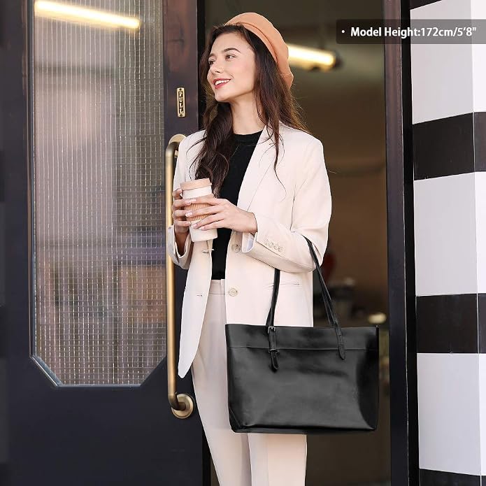 Kattee Vintage Genuine Leather Tote Shoulder Bag for Women | Genuine leather tote with adjustable straps, 7 pockets, and room for a 14-inch laptop, ideal for work and travel. - Image 2