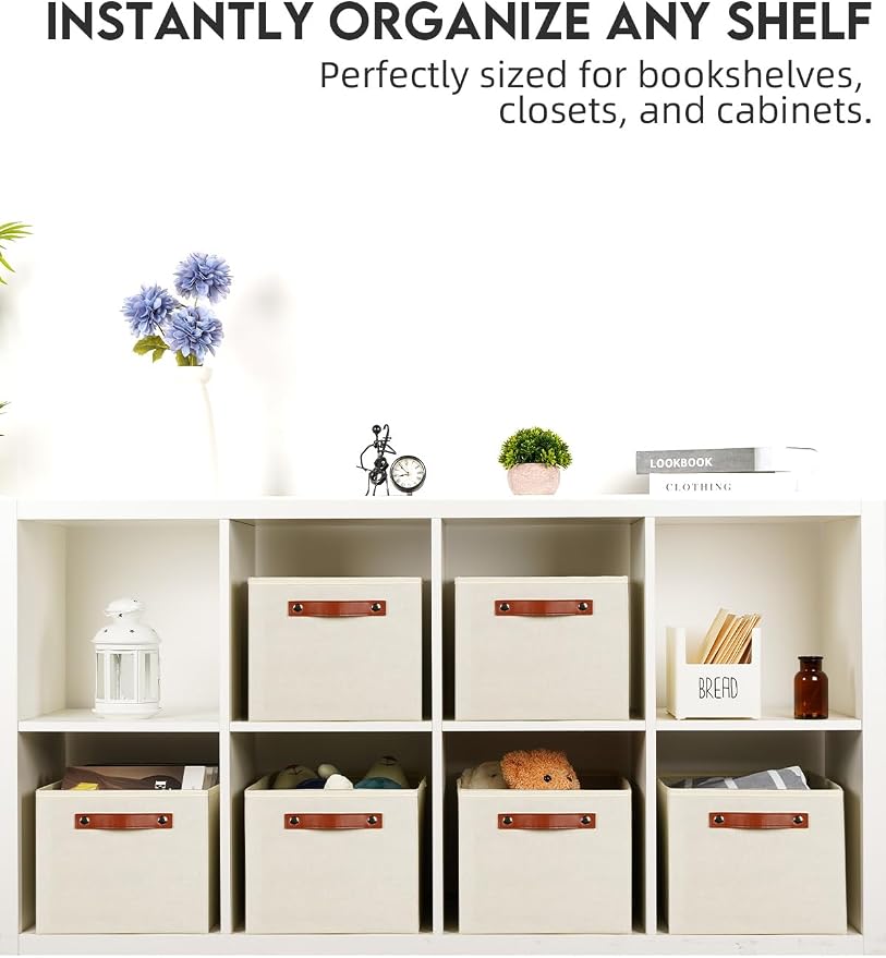 [6-Pack] Fabric Storage Bins Reinforced 2.5mm Cardboard Shelf Bins with PU Leather Handles (15x11x9.5 ) Durable Storage Baskets for Closet Organization, Toy Organizer, & Home Office Beige - Image 4