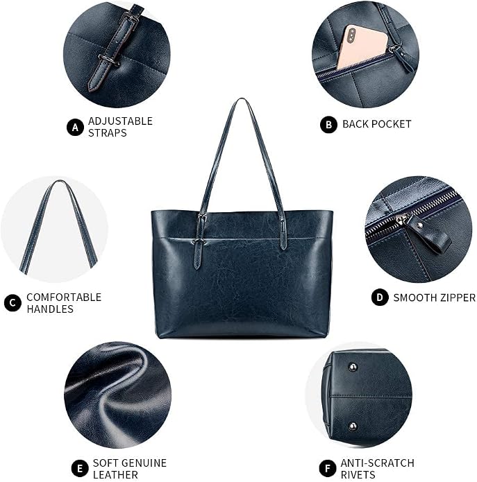 Kattee Vintage Genuine Leather Tote Shoulder Bag for Women | Genuine leather tote with adjustable straps, 7 pockets, and room for a 14-inch laptop, ideal for work and travel. - Image 5