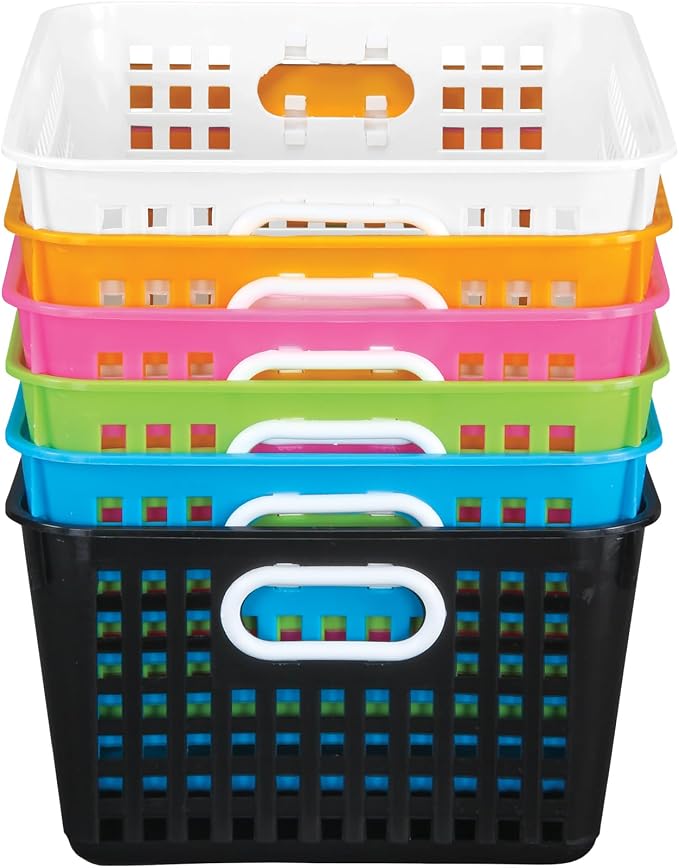 Really Good Stuff Large Plastic Storage Baskets with Handles - 6 Pack | 13.75" x 9.75" x 5", Neon Group Colors, for Books & Supplies, Organize Classroom & Home - Image 3