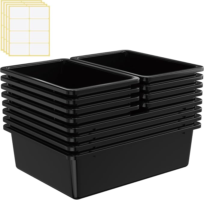 Zonon 12 Pcs Plastic Cubby Bins Office Storage Container Storage Bins Plastic Organization with 1 Pack Self Adhesive Label for Library Office Home Nursery (Black) by Zonon