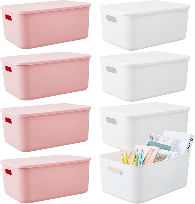 8 Pack Storage Bins, 13.8 X 9.8 X 5.9 Inch White and Pink | Plastic Stackable Containers with Lid Handle, For Shelves Desktop Playroom Office, Organizing Toys Books Supplies Storage by Hoolerry