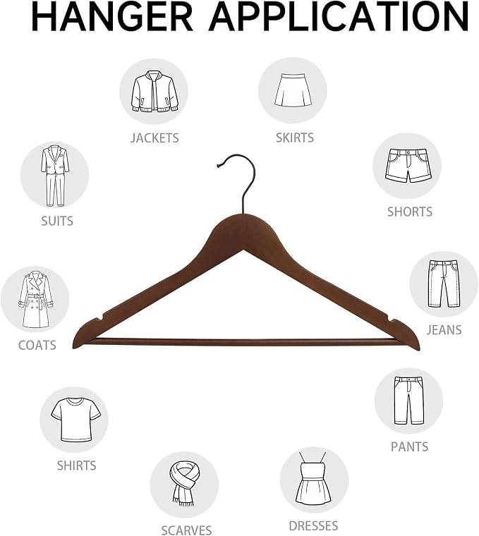 Wooden Clothes Hangers with Pants Bars, Walnut, 12-Pack | Heavy Duty Solid Wood Suit & Coat Hangers with Swivel Hook & Shoulder Notches, for Shirts, Jackets, Dresses & Trousers - Image 5