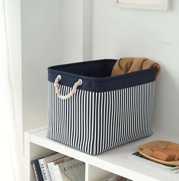 TcaFmac Organization and Storage Basket for Shelves - Large 2 Pack 16x12x12 inch Fabric Storage Cubes, Collapsible Storage Bins for Gift Closet Cloth Toy Books Kids (Navy Patchwork) - Image 4