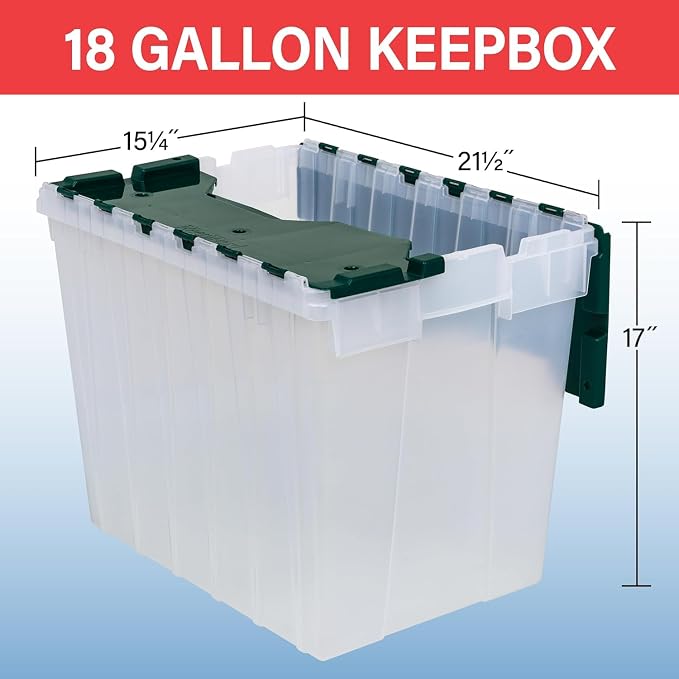Akro-Mils KeepBox 18 Gallon Storage Container, Nesting and Stackable Plastic Storage Box with Lid Attached, Clear Tote for Garages, Closets, and Moving, 21" x 15" x 17", Clear/Green - Image 2