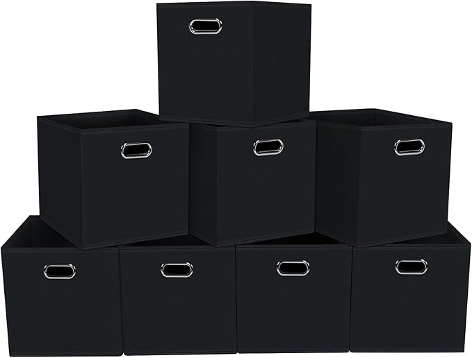 Fabric storage bins Cubes, Fabric Cube Organizer with Handle, Foldable Cube Bins for Cloth or Accessary Storage, 11x11x11, Set of 8, (Black) by Yunkeeper