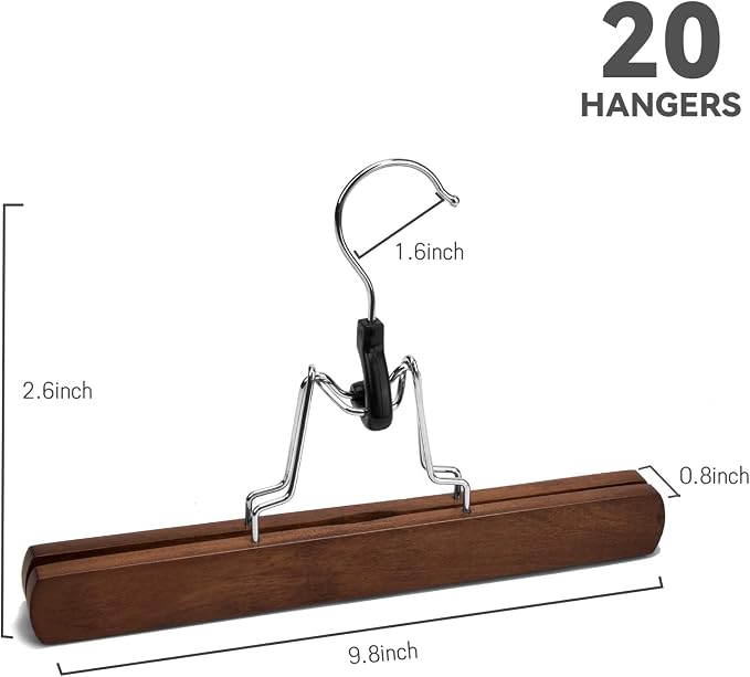 Nature Smile Wooden Pants Hangers Non Slip Smooth Finish Solid Wood Clamp Skirt Hanger Hair Extension Hangers with 360° Swivel Hook (20Pcs, Retro) - Image 3