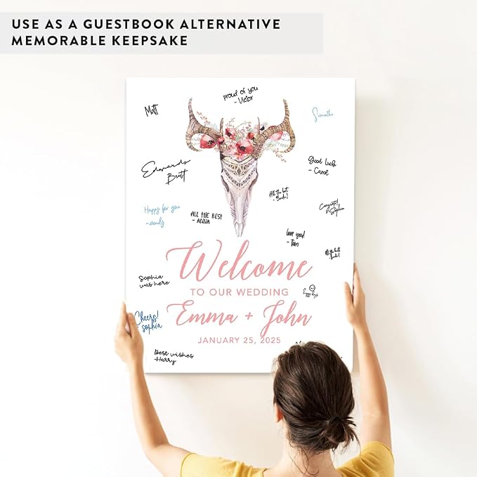 Andaz Press Custom Large Canvas Wedding Guest Book Alternative, 16 x 20 Inches, Boho Woodland Vertical Personalized Sign Our Canvas Guest Book Signs for Wedding Rustic Woodland Boho Theme Events - Image 6