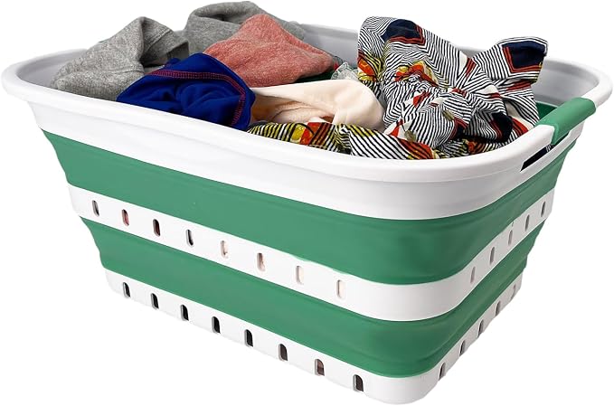 SAMMART 42L (11 gallon) Collapsible Plastic Laundry Basket - Foldable Pop Up Storage Container/Organizer - Space Saving Hamper/Basket (1, White/Winter Green) by SAMMART