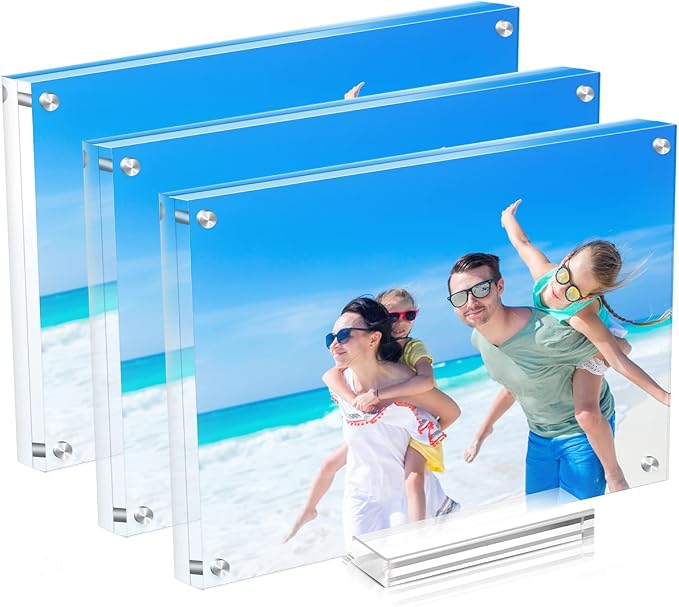 3 Pack 8x10 Acrylic Picture Frames, Double Sided Magnetic Display | Crystal Clear Frameless Photo Frames, Freestanding Desktop Display with Detachable Stand & Gift Box by JUOIFIP