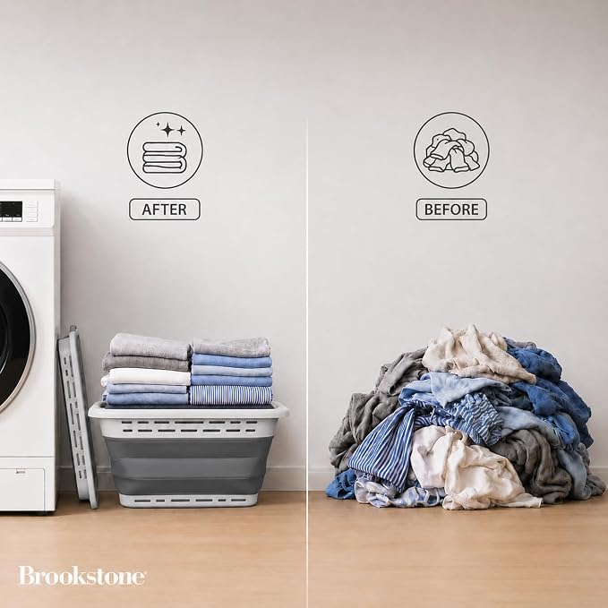 BROOKSTONE 11 GALLON XL 24" Collapsible Laundry Basket & Clothes Hamper, Comfort Non-Slip Handles, Modern Laundry Hamper with Space Saving Design, Portable Pop-Up Hamper, BPA FREE, Light Grey, 1 Pack - Image 3