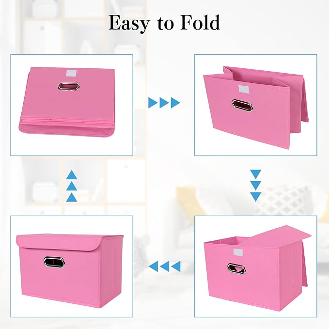 STOREONE Fabric Storage Cube Bins Foldable Organizer Container Collapsible Basket with Lids and Metal Handles, for Home, Bedroom, Closet 6 Pcs (Pink) - Image 6