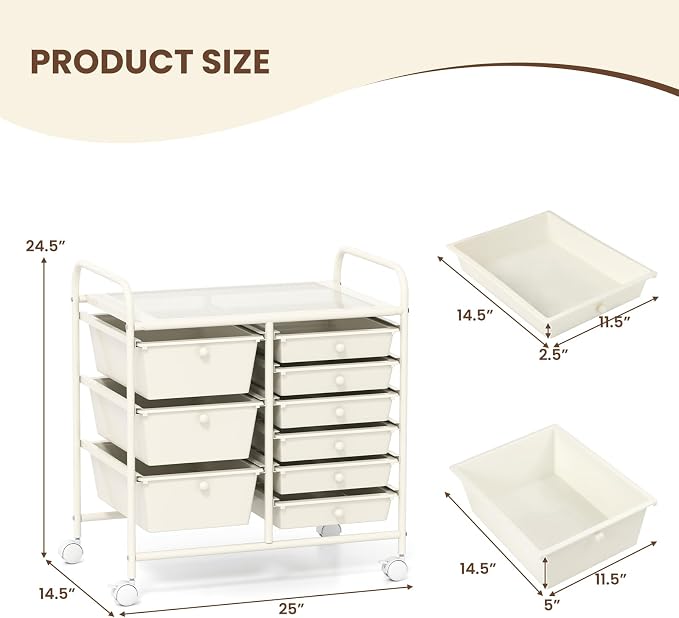 9 Drawer Rolling Storage Cart, Rolling Cart with Drawers for Classroom, Art Supply Craft Organizer on Wheel with Metal Frame & Handles for Home Office School - Image 3