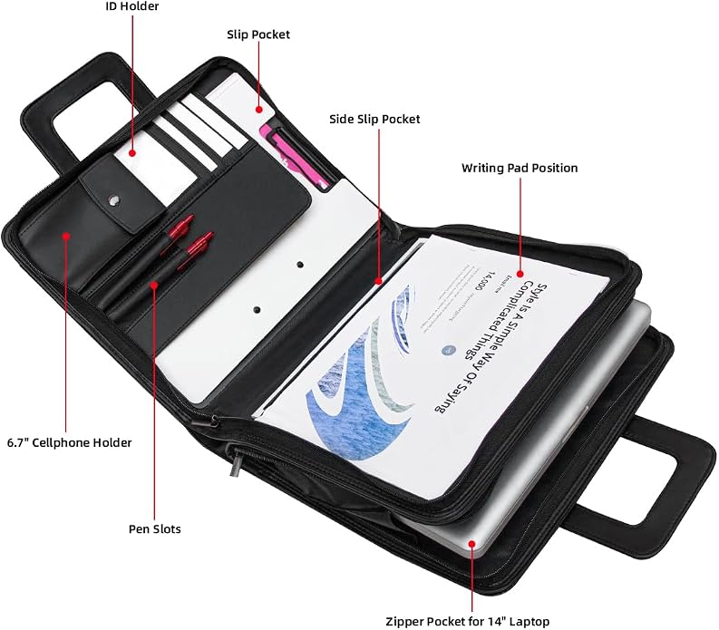 14" Laptop Briefcase, Vegan Leather Portfolio with Zipper Compartments x 2, A4 Papers Holder Padfolio Organizer - Image 7