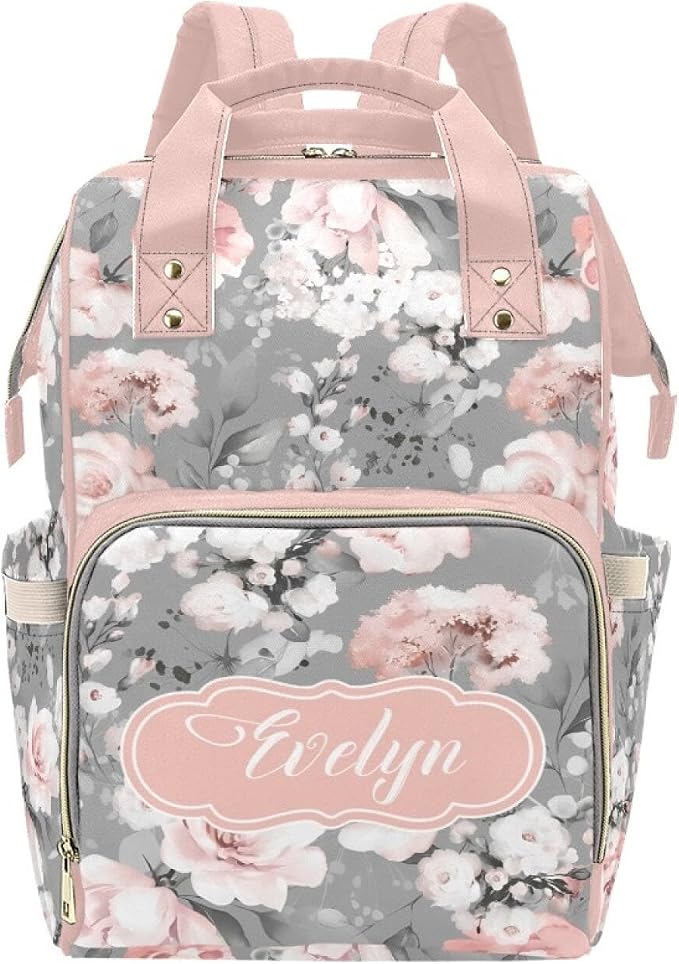 Personalized Floral Pink Diaper Bag Backpack with Name – Waterproof Custom Baby Nappy Bag with Large Capacity & Multi Pockets – Shower Gift for Baby for New Parents by Unknown