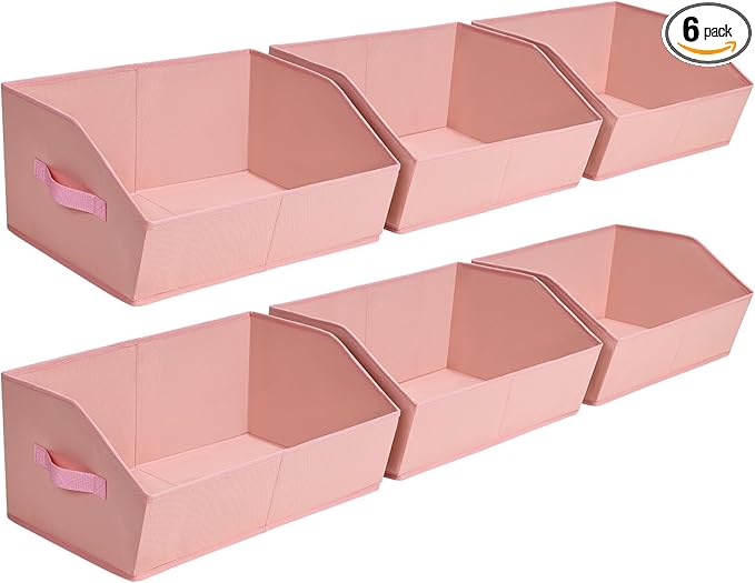 Closet Baskets for Shelves Trapezoid - Decorative Storage Baskets with Handle, Closet Bins for Organization, Shelf Storage Bins for Clothes, Books, Home, Office, 6 Pack, Pink by Homsorout