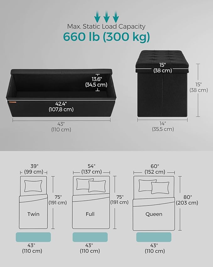 SONGMICS Mazie Collection - 43 Inches Storage Ottoman, Foldable Storage Bench with Flipping Lid, 660 lb Load Capacity, for Entryway, Living Room, Bedroom, Ink Black ULSF076B01 - Image 3