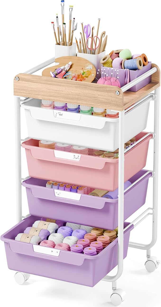 SYKIARIOL Rolling Storage Utility Cart with 4 Drawers,Art Cart,Purple | Kids Craft Cart,Makeup Organizer and Storage with Wooden Tabletop by SYKIARIOL
