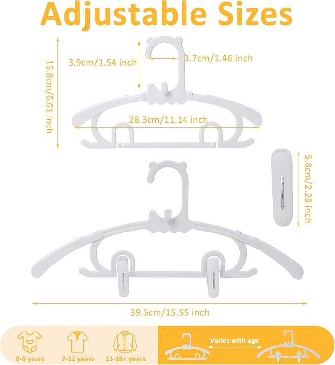 80 Pack Baby Hangers with 32 Clips 11-15 Inch Adjustable Kid Hanger White | Multifunctional Children Hanger for Girl Boy Toddler Kids Child - Image 2