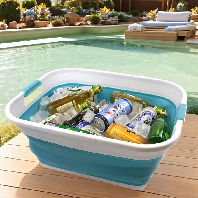 SAMMART Set of 2-41L(10.8 gallon) Collapsible Plastic Laundry Basket-Pop Up Storage Container-Portable Washing Tub-Space Saving Hamper, Water capacity:32L(8.4 gallon) (2 rectangular, Bright Blue) - Image 5