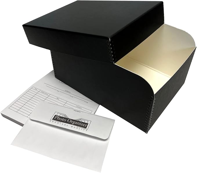 Lineco 4x6 Photo Storage Box, with 12 Acid-Free Envelope, 5.5x7.5x11, Black | Holds Up to 1000 3.5" x 5", or 4" x 6" Pictures, Metal Edge, Archival Organizer for Cards, Prints, Stickers, Stamps, Seeds by Lineco