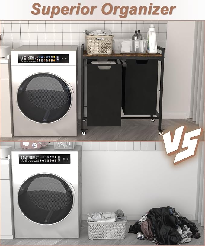 12 x 2 Gal Large Laundry Hamper with Wheels, 2 Pull-Out & Removable Sorter Bags, Freestanding Clothes Basket Organizer for Clothing or Toys in Bathroom and Living Room, Rustic Brown and Black - Image 6