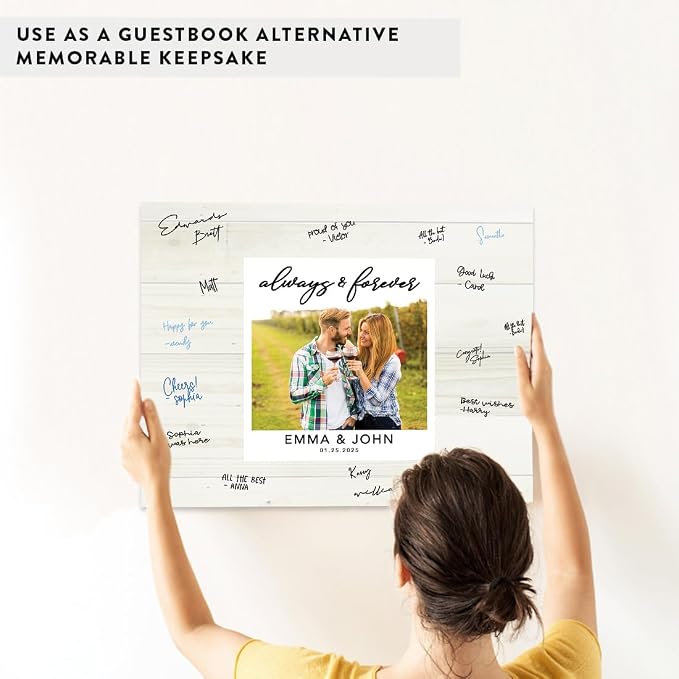 Andaz Press Custom Large Canvas Wedding Guest Book Alternative, 16 x 20 Inches, Always & Forever Shabby White Wood Photo Personalized Sign Our Canvas Guest Book Signs For Wedding Rustic Woodland Theme - Image 6