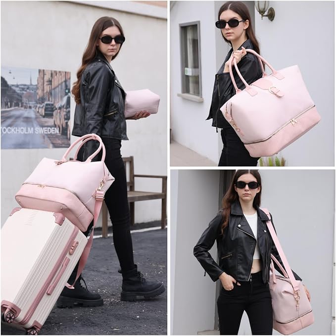 Leather Weekender Bags for Women, Travel Duffel Bag PU Overnight Bag Carry On Tote Bag with Shoe Compartment Wet Pocket - Image 7