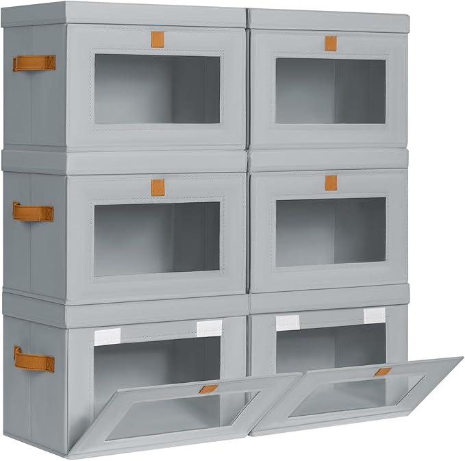 DIMJ Storage Bins with Lids - 6 Pack Front Opening Stackable Fabric Storage Boxes with Clear Window & Handles, Collapsible Closet Organizers for Clothes, Sweaters, Shelf Storage, Bedroom, Gray by DiMJ