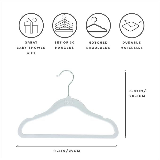 3 Sprouts Velvet Baby Hangers, Non Slip Slim, Blueberry Blue, 30 Pack | Non-slip velvet, Notched shoulders, 360-degree swivel hook, 11.75 x 8 in, Infant and toddler clothes, Soft colors for nursery - Image 2