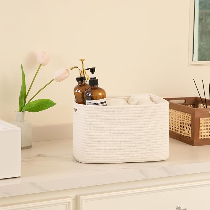 OIAHOMY 4 Pack Storage Baskets for Organizing 24L Cube Storage Bins White | Woven Baskets for Storage Rectangle Small Baskets With Handles Baskets for Shelves Wicker Baskets for Shelves 16x12x8inch - Image 4
