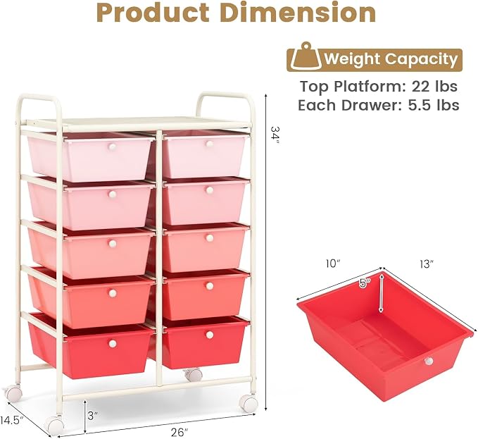 10 Drawer Rolling Cart, Storage Cart Organizer on Wheels, Drawer Cart with Metal Frame & Large Storage Capacity, Rolling Cart with Drawers for Living Room Classroom, Office - Image 3