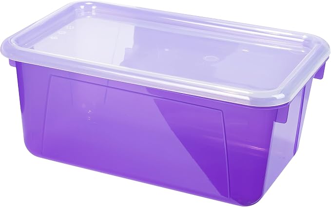 Storex Small Cubby Bins – Plastic Storage Containers for Classroom with Non-Snap Lid, 12.2 x 7.8 x 5.1 inches, Tint Violet, 5-Pack (62484A05C) - Image 2