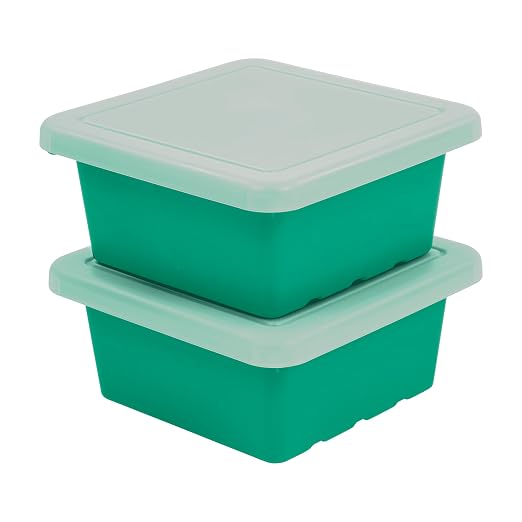 ECR4Kids Stackable Square Bins with Non-Snap Lids, Multipurpose Organization, Emerald, 2-Pack by ECR4Kids