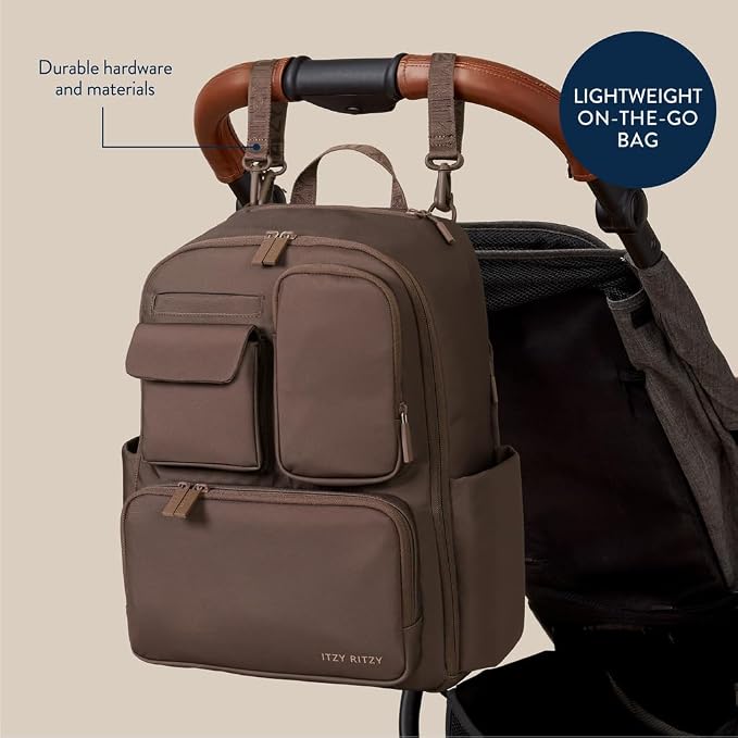 Itzy Ritzy Utility Diaper Bag Backpack, 17 Pockets w/Changing Pad (Mocha) | Travel-Ready Diaper Backpack with 2 Insulated Bottle Holders, Laptop Compartment, Trolley Sleeve, Straps, and Changing Pad - Image 5