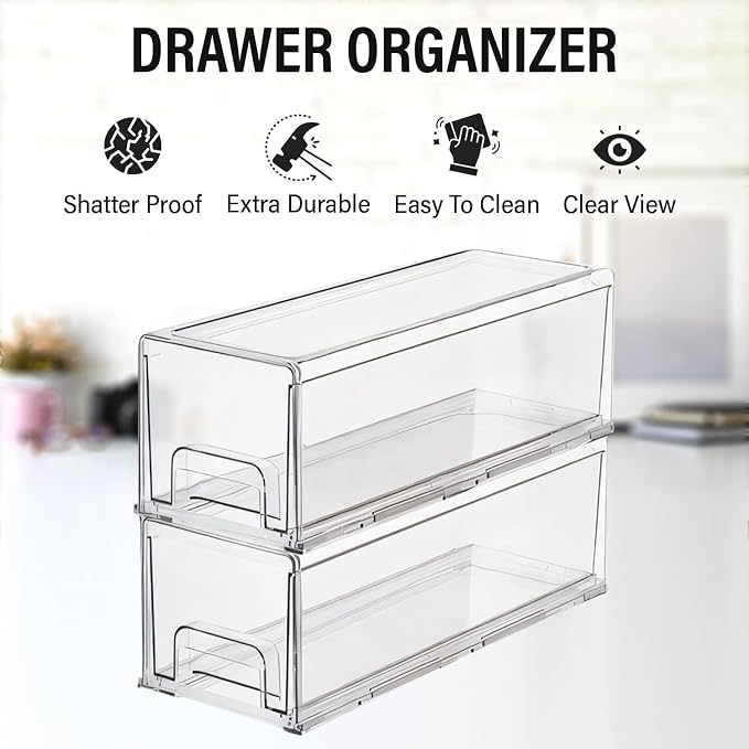 Clear Plastic Stackable Storage Drawers Bins, Perfect for Kitchen Pantry Organization and Storage, Under Sink Organizer, Pull Out Cabinet Organizer, Makeup, Bathroom Storage Containers for Organizing - Image 3