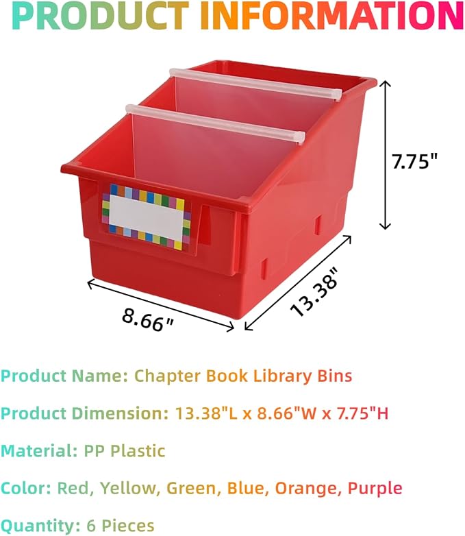 6 Pack Plastic Picture Book Classroom Library Bins with Dividers, Rainbow | Plastic Shelf Bin Organizer for Classroom Library, Book, Documents, Files Magazines, Multi-Purpose Book Holders with Labels - Image 2