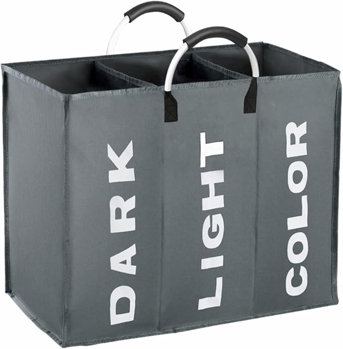 3 Section Laundry Basket Collapsible Laundry Hamper With Carry Handles Laundry Storage Washing Storage Bin (3 Section-Dark Grey) by BOSNONA