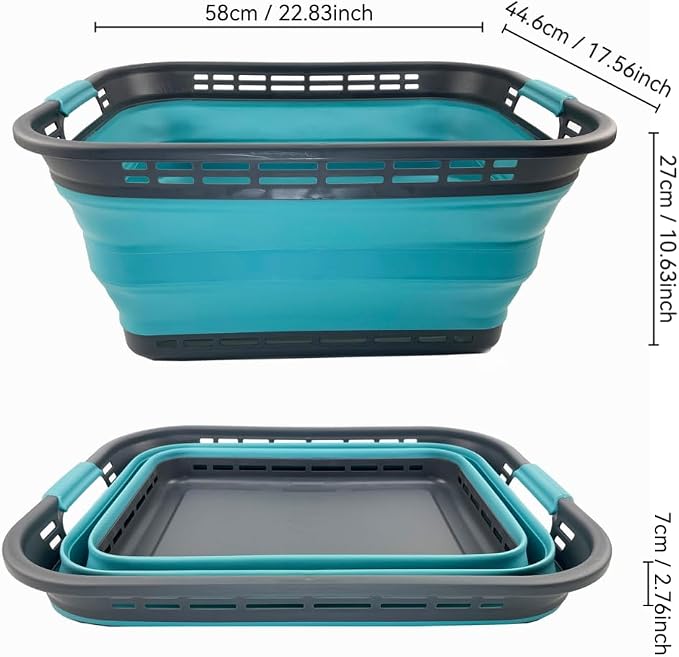 SAMMART 42L (11 Galloons) Collapsible Plastic Laundry Basket - Foldable Pop Up Storage Container/Organizer - Portable Washing Tub - Space Saving Hamper/Basket [BPA Free] (Grey/Crystal Blue) - Image 2