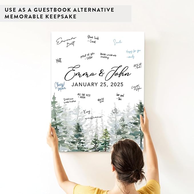 Andaz Press Custom Large Canvas Wedding Guest Book Alternative, 16 x 20 Inches, Misty Woodland Forest Trees Vertical Boho Personalized Sign Our Canvas Guest Book Signs for Wedding Rustic Woodland - Image 6