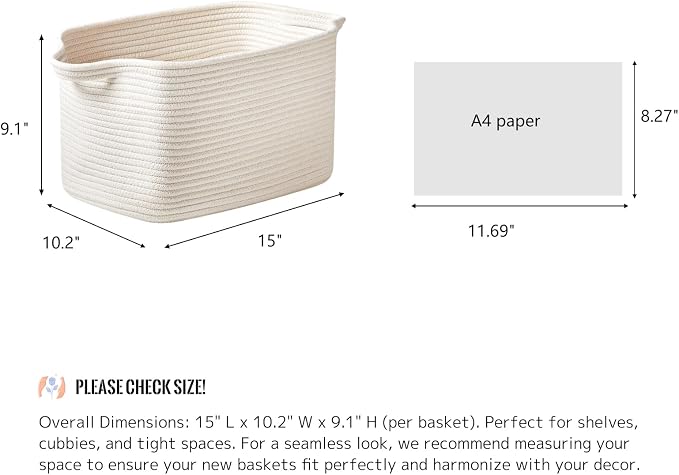 R RUNKA Cotton Rope Basket Set of 3 (15"x10.2"x9.1") - Rectangle Storage Bins - Versatile Toy Storage Organizer - Perfect for Kids, Dog Toys, Books, Shelves - White - Image 2