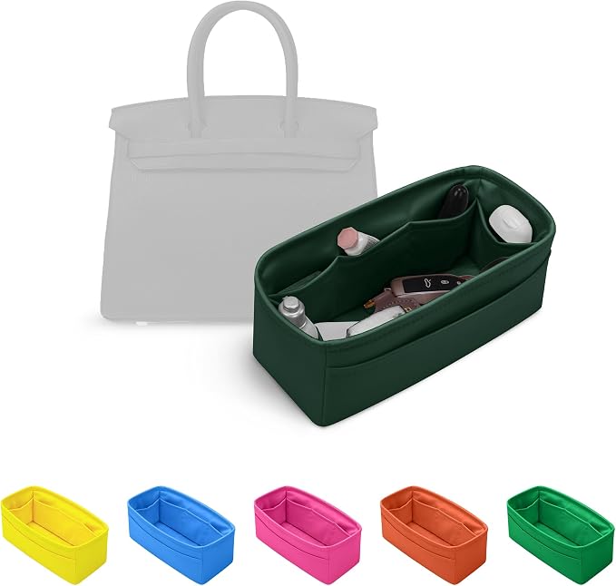 Satin Purse Organizer for Birkin 20, Vert Anglais | Tailored Fit, Multiple Pockets, Lightweight Satin, Purse Essentials, Ideal for Travel, Shopping, and Daily Use by KINGSINBAG