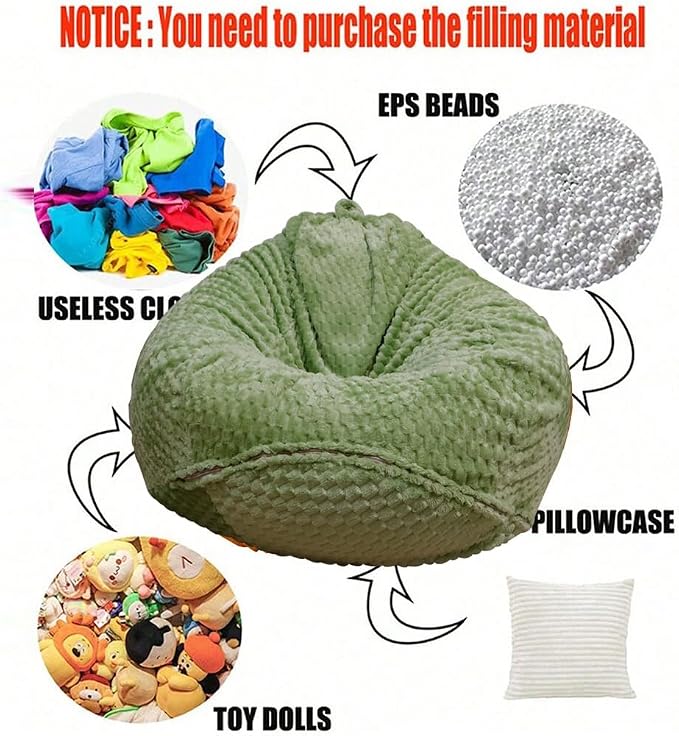 Soft Bean Bag Chair Cover No Filler Sofa Cover Storage Washable Bean Bag Cover Organizing Children Plush Toys for Living Room Bedroom (Green, 4 feet-43.3"*43.3"*27.6") - Image 6