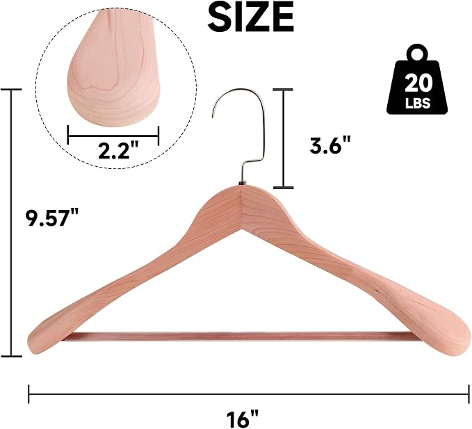 Wooden Suit Hangers with Non Slip Pants Bar, Cedar Wood, 6-Pack, 16" | Wood Extra-Wide Shoulder Hangers, Flat-Head Hook Hangers for Suits, Coats, Jackets, Shirts, Pants, and Heavy Clothes - Image 2