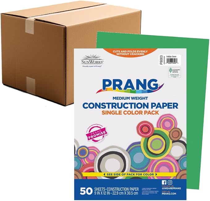 Prang Construction Paper, 9" x 12", Holiday Green, 50/Pack, 50 Packs | Formerly SunWorks, Class Pack, 2500 Sheets Total, P8003 by Prang