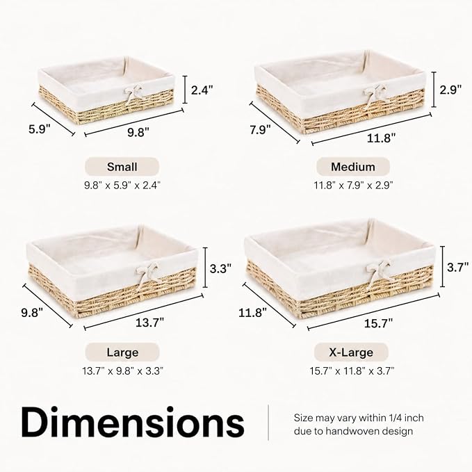 Baskets for Shelves Set of 4, Woven Paper Rope Storage, Khaki | Shallow Nesting Organizer Baskets with Removable Linen Liner, Pantry Bathroom Closet Cabinet Bookshelf storage, 9.8in-15.7in - Image 5