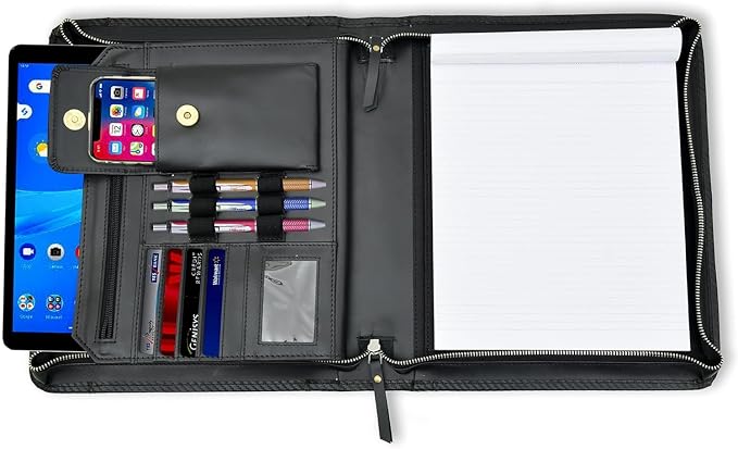 Genuine Leather Portfolio Organizer with Zipper for Men Women, Padfolio Business Resume A4/Pad, Folder Organizer, Legal Pad Holder with Card Slots, Zippered Padfolio for Business Documents, Black - Image 9