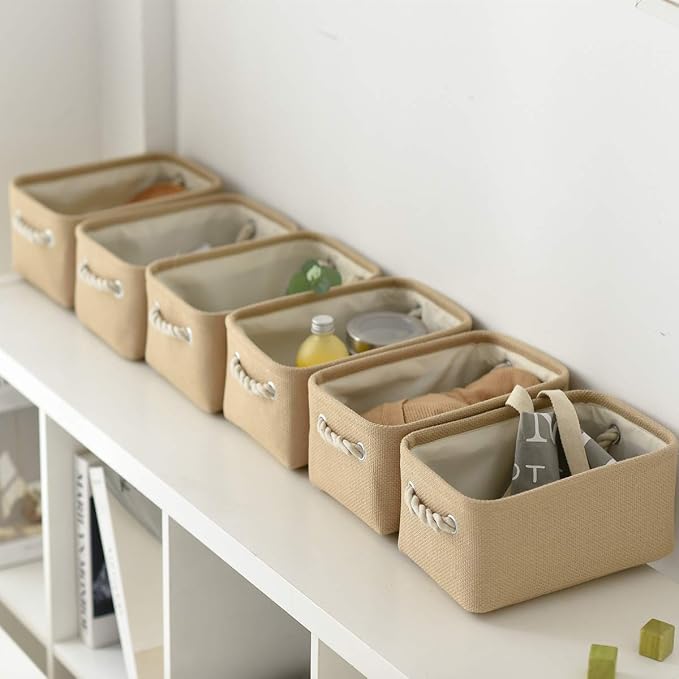 Storage Basket for Organizing - Small 6 Pack 11.8x7.8x5.2 inch Fabric Storage Cubes with Cotton Rope Handle, Collapsible Storage Bins Baby Storage Toy Nursery (Beige) - Image 3