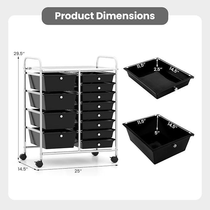 12 Drawer Rolling Storage Cart, Rolling Cart with Drawers for Classroom, Art Supply Craft Organizer on Wheel with Metal Frame & Handles for Home Office School (Black, 12 Drawer Left-Right) - Image 3
